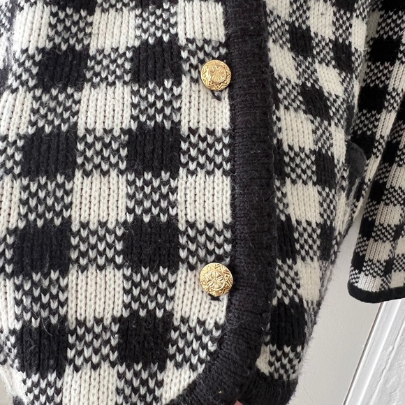 Vintage black white check plaid houndstooth cardigan lady jacket round neck - Picture 5 of 15